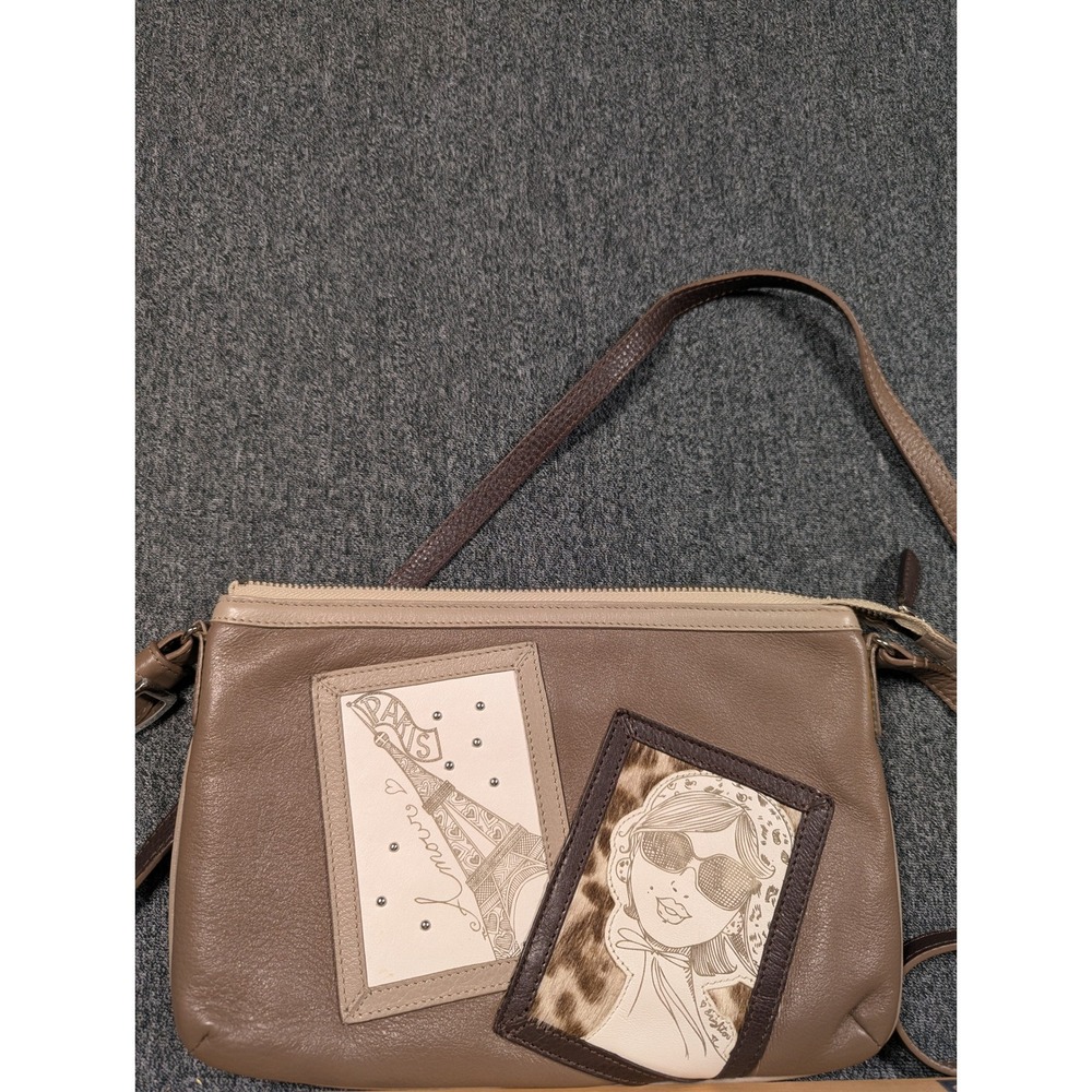 Brighton Pebbled Leather Crossbody Bag Taupe Paris Eiffel Tower Leopard Print